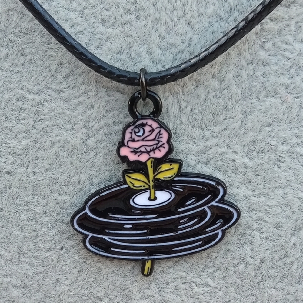 2/$10 Elegant Pink and Black Rose Vinyl Records Pendant Necklace